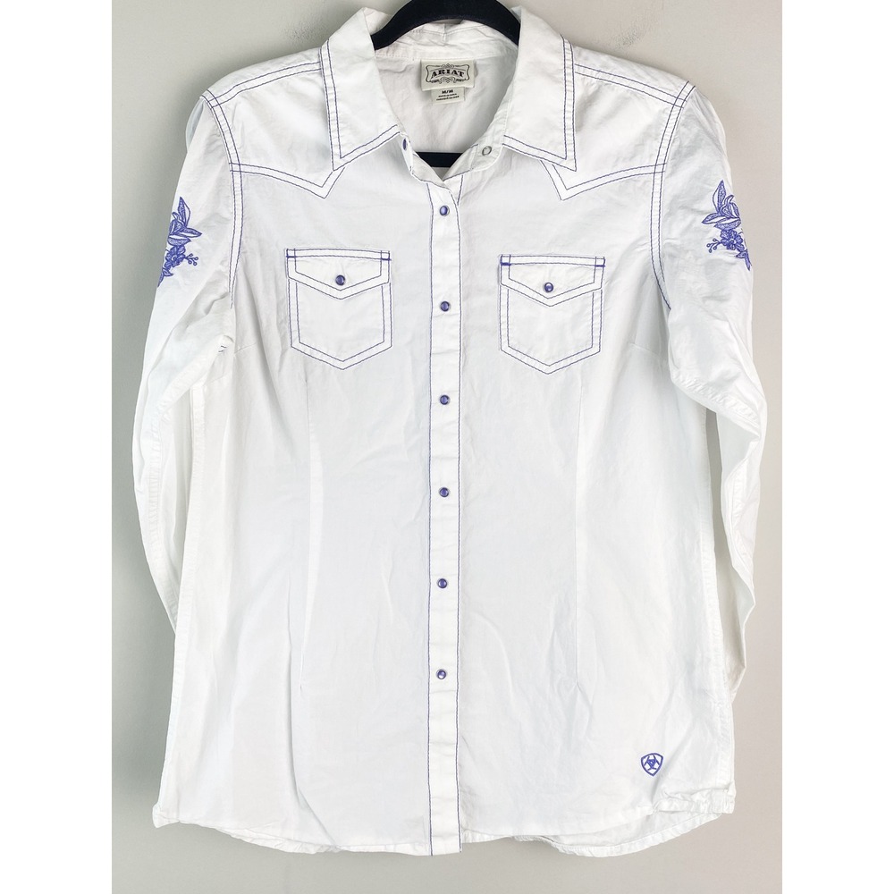 Ariat Women Pearl Snap Shirt M White Floral Embroidered Rodeo Western Equestrian